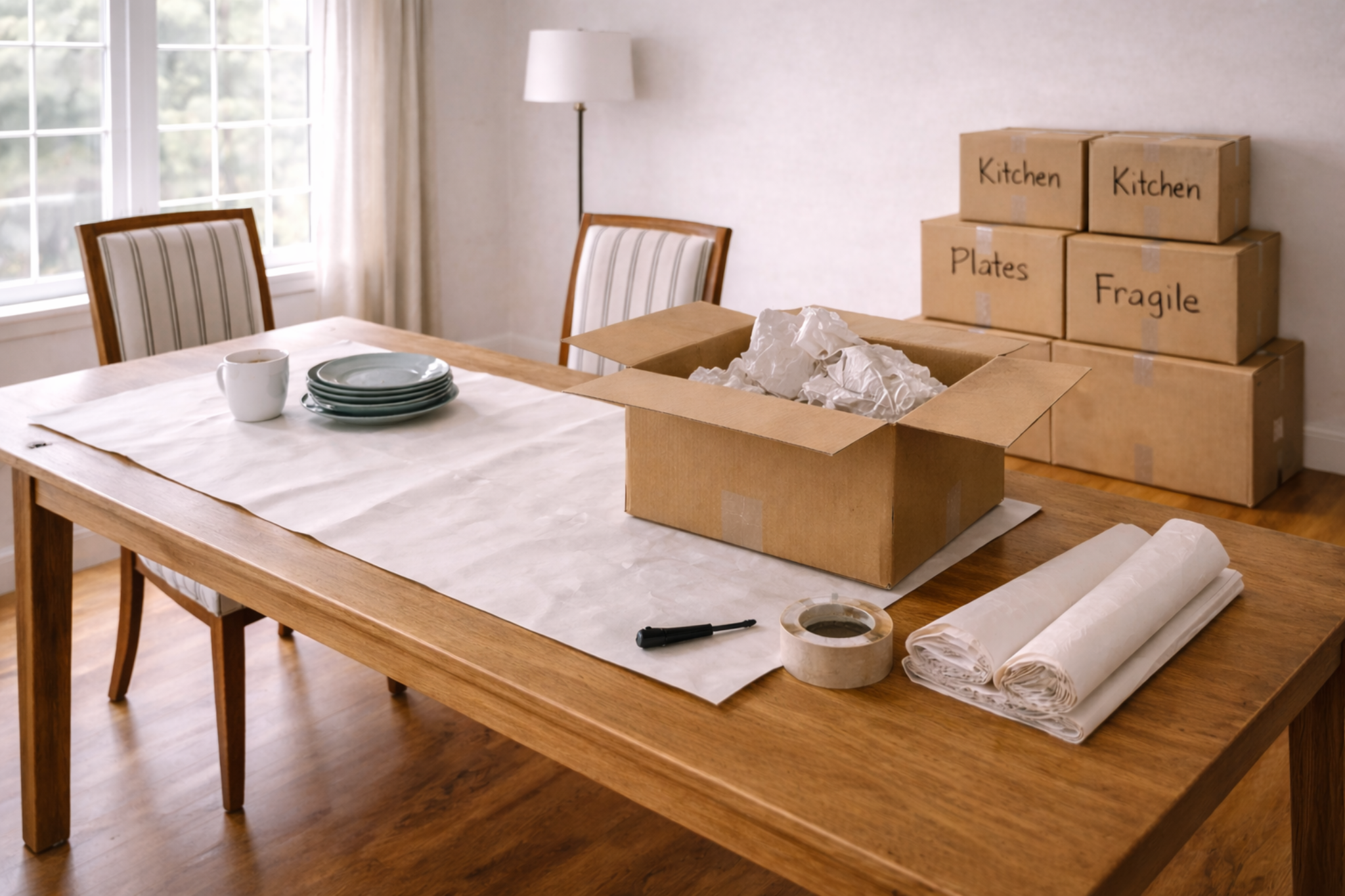 Efficient packing station with single active surface and supplies within reach