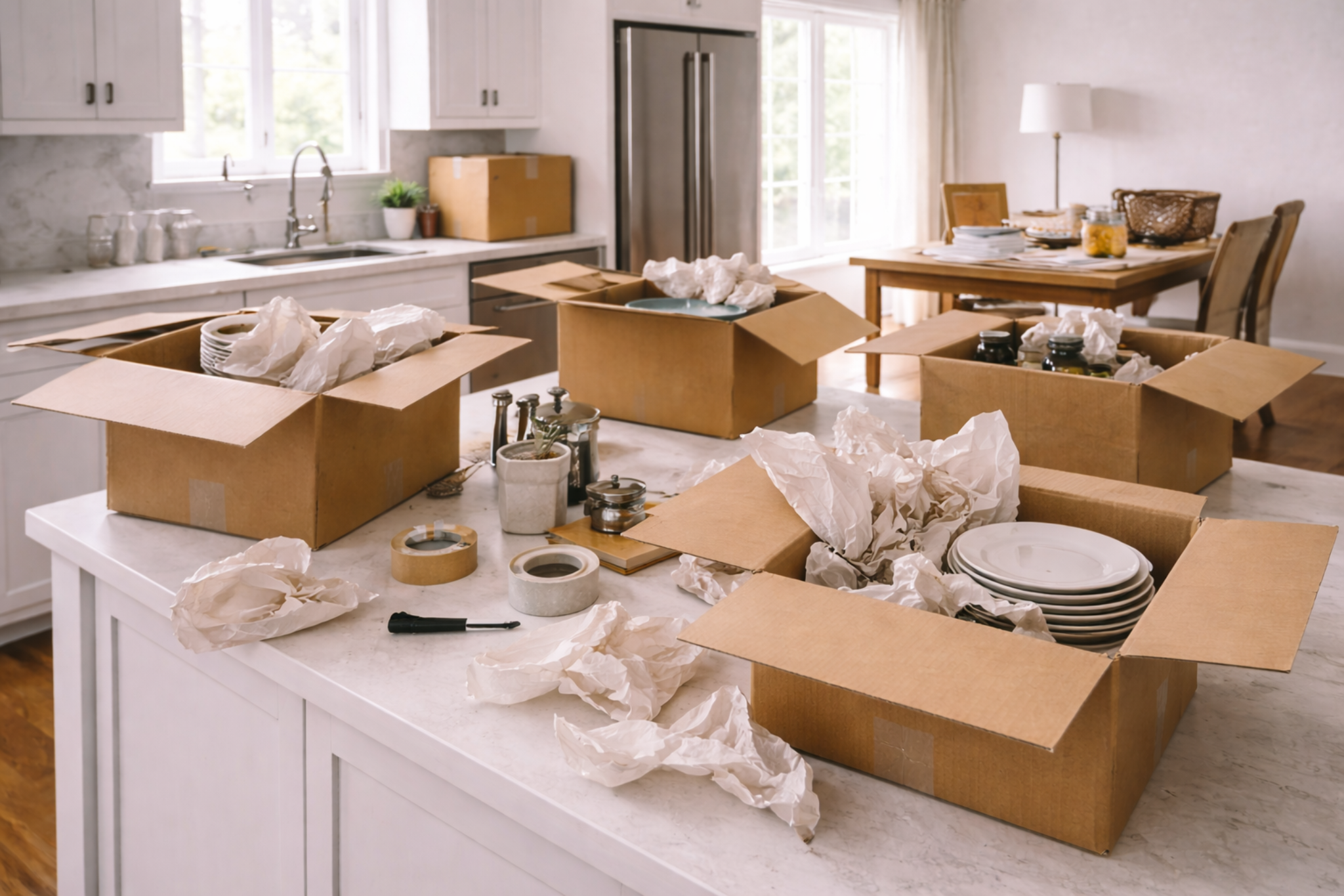 Inefficient packing with multiple open boxes and scattered supplies