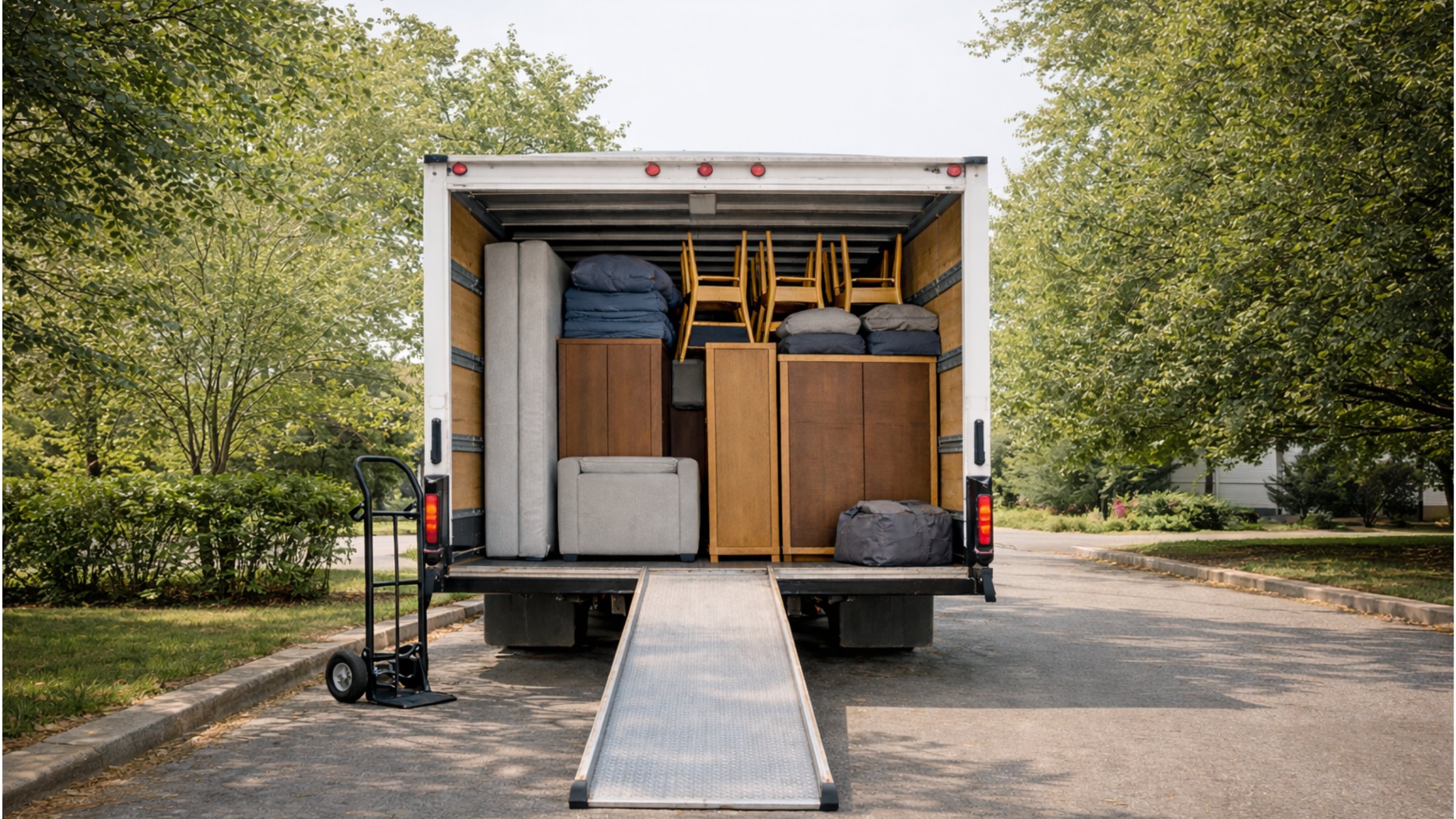 A calm, partially loaded moving truck with ramp down